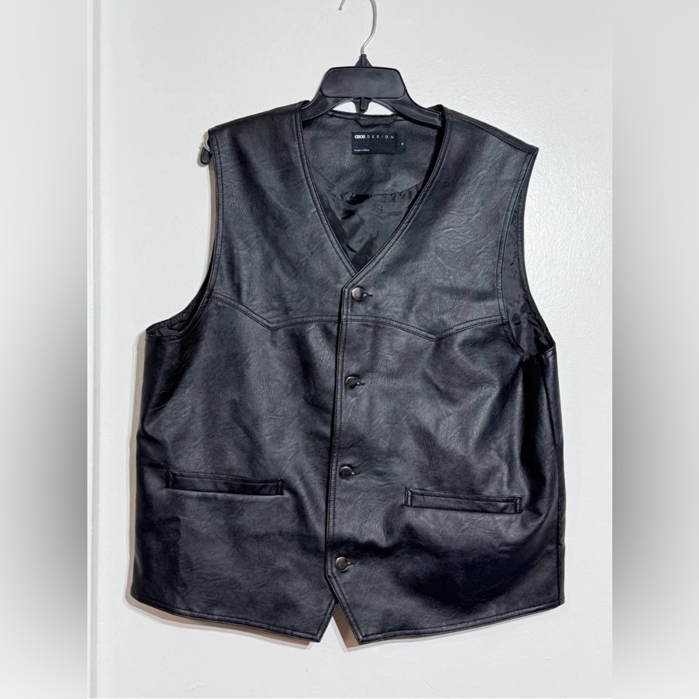Asos Design Men's Leather Biker Vest Solid Black Size XL new
